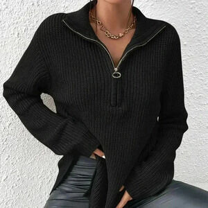 Black Casual Women's Half Zip Drop Shoulder Grain Sweater